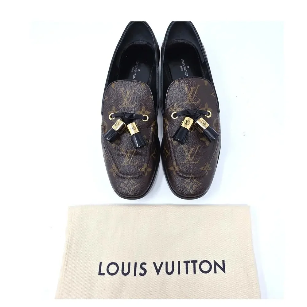 Louis Vuitton Monogram Tassel Loafers Society Canvas LV Logo Slip Flats 37.5 7.5